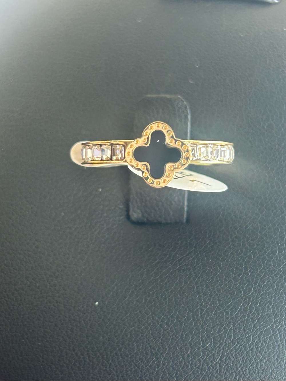 Goldtone Clover Band Ring with Black Inlay and Clear Stones